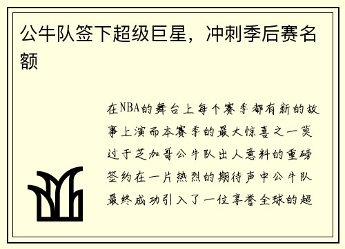 公牛队签下超级巨星，冲刺季后赛名额