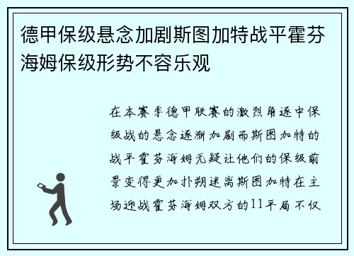 德甲保级悬念加剧斯图加特战平霍芬海姆保级形势不容乐观